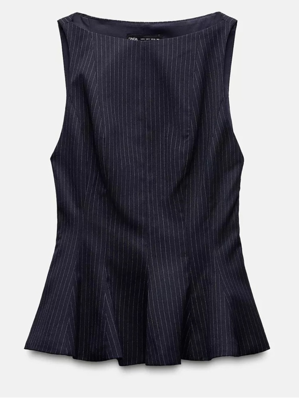 NAVY PINSTRIPE BOATNECK PEPLUM TOP
